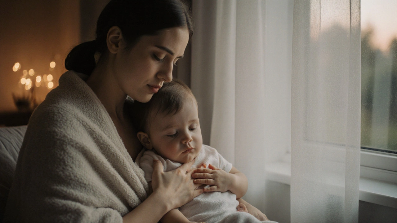 Maminka drží dítě v plátně po masáži, oba klidně sedí u okna ve večerním světle.