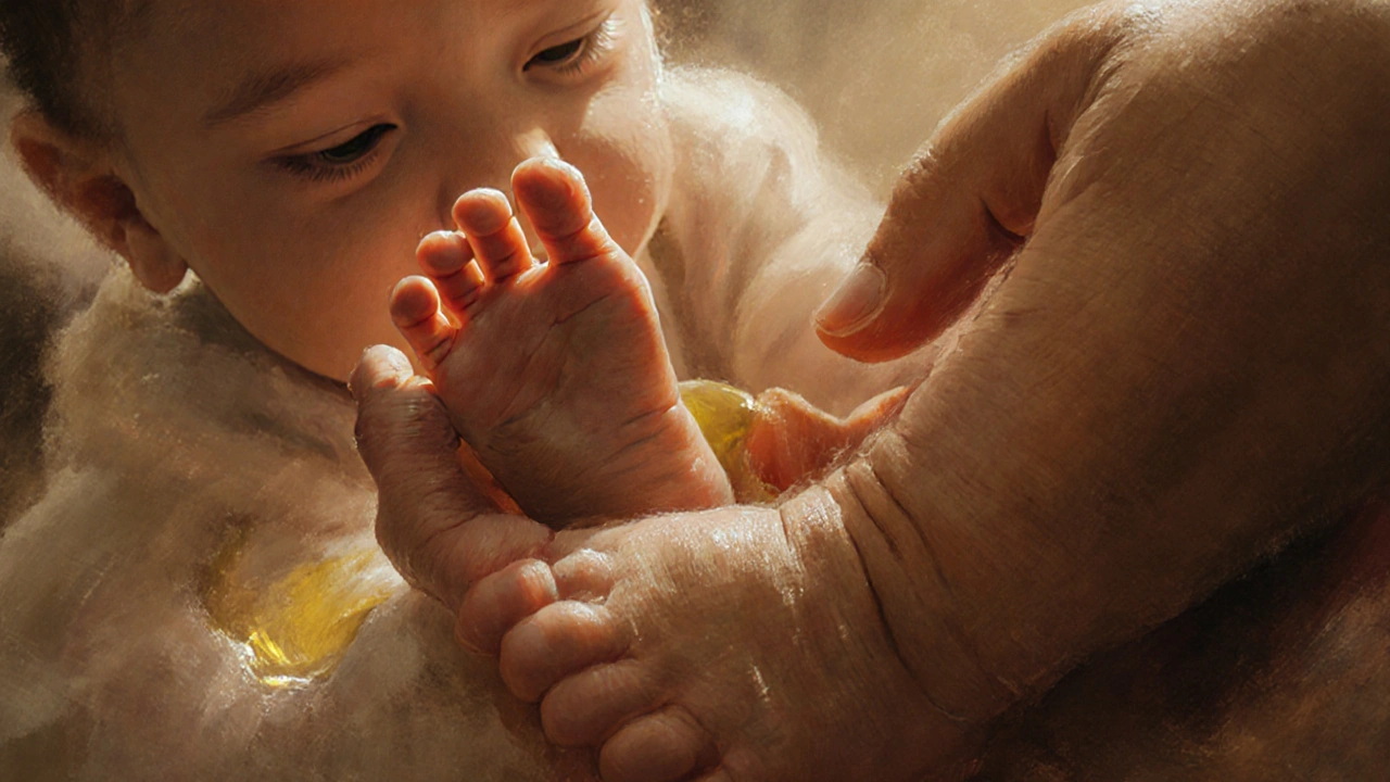 Ruce rodiče masírují nožičky dítěte, olej leskne na kůži, dítě pozoruje s klidnou zvědavostí.