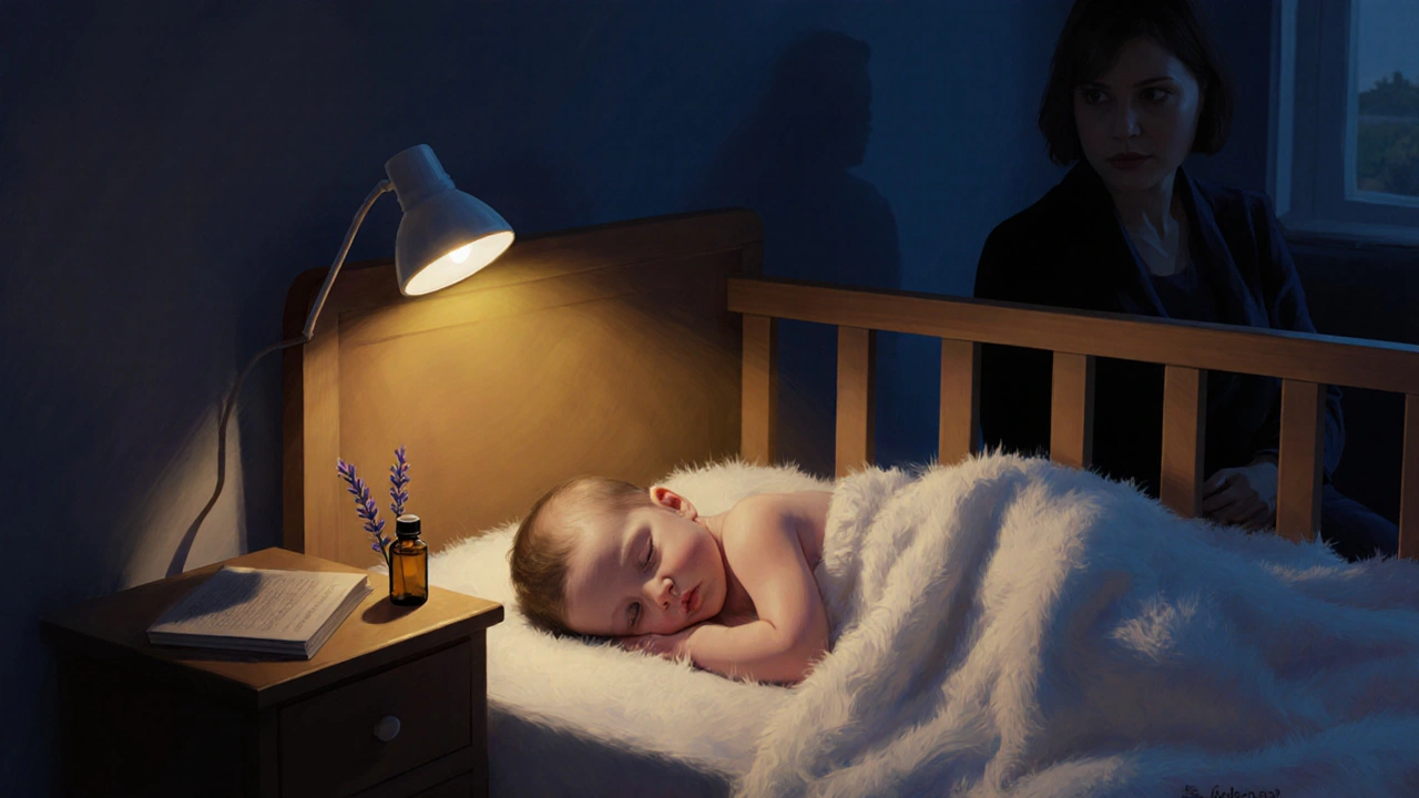 Spící dítě v postýlce pod zlatým svitem lampy, rodič sleduje, vedle lahvička oleje.