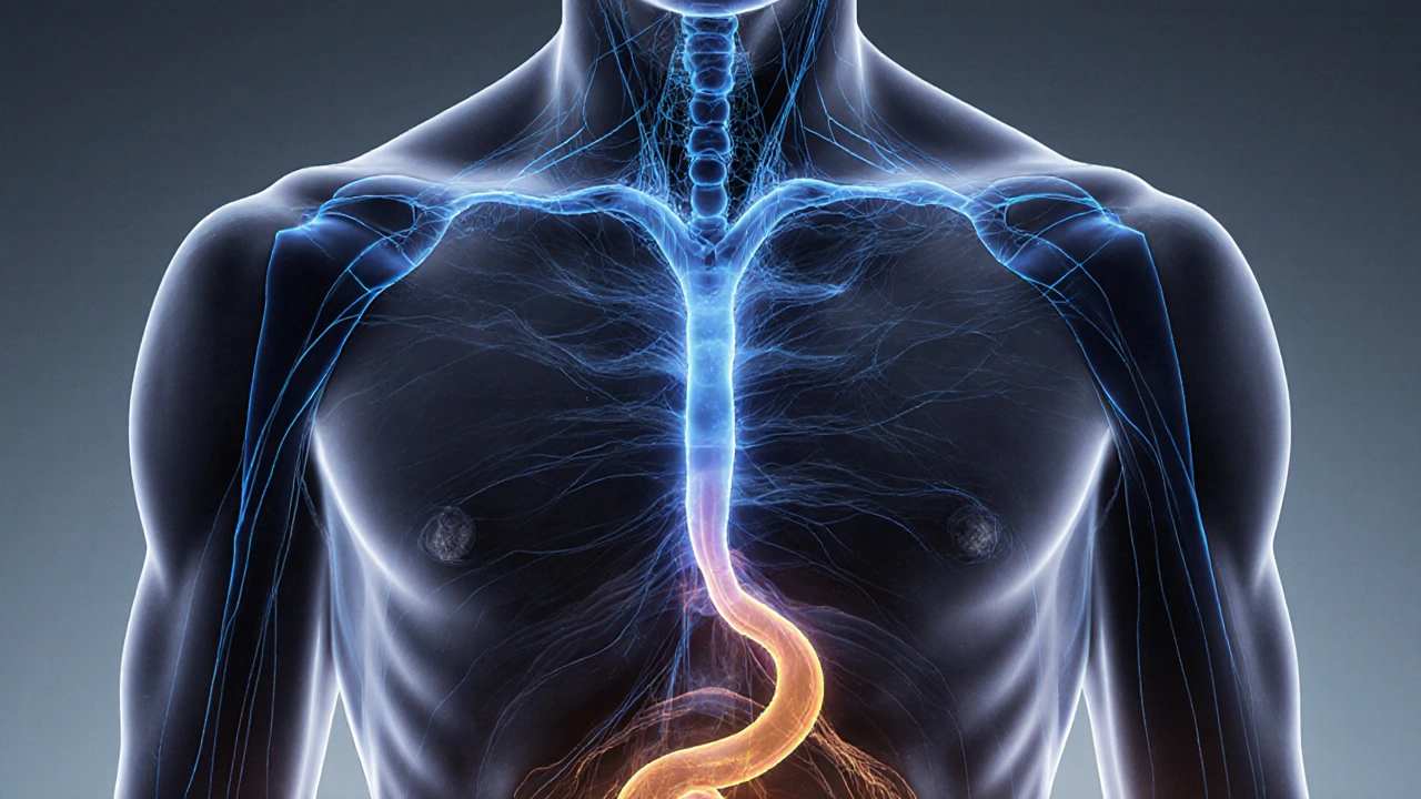 Abstraktní znázornění energie a dechu v těle, spojující napětí a uvolnění barevnými proudy.