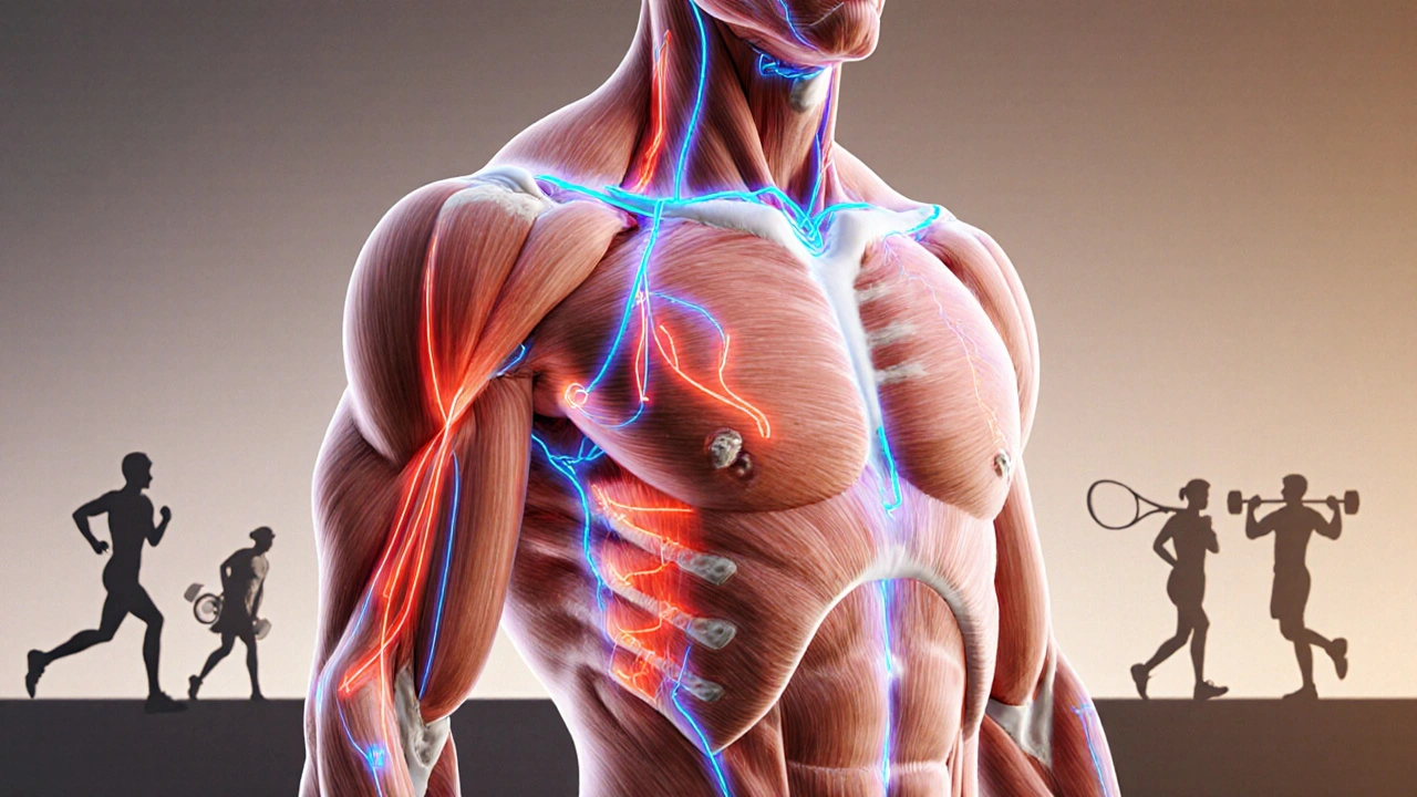 Ilustrace svalové tkáně s proudy krve a lymfy během sportovní masáže.