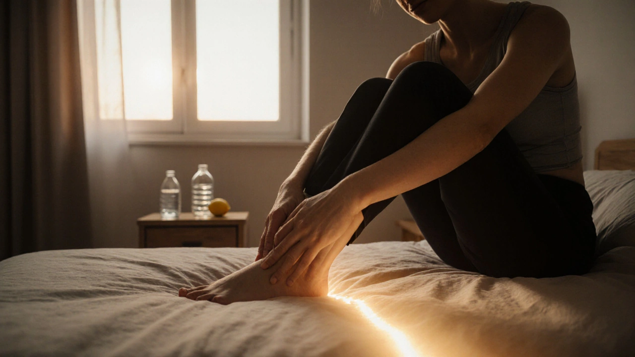 Osoba provádí vlastní lymfatickou masáž rukama s jemným zlatým proudem tekutiny.