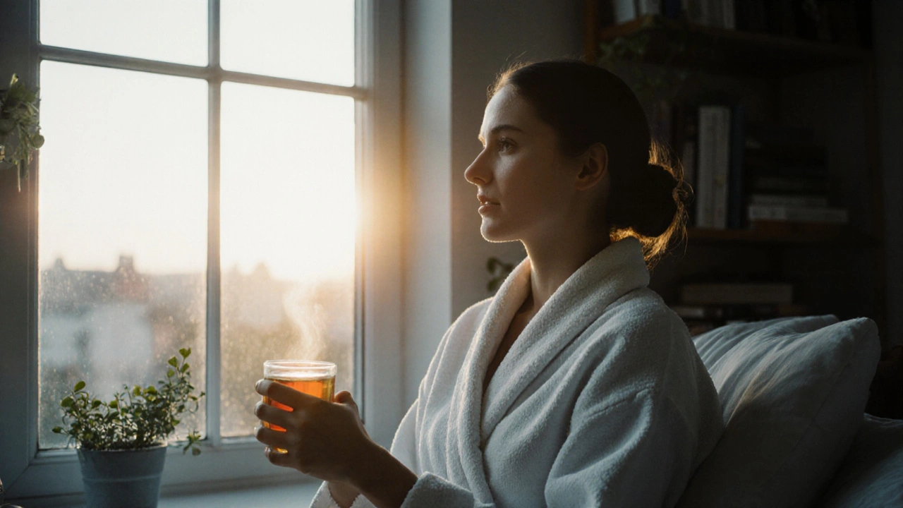 Osoba sedí u okna po masáži, klidně se dívá ven, obklopena klidnou atmosférou rána.