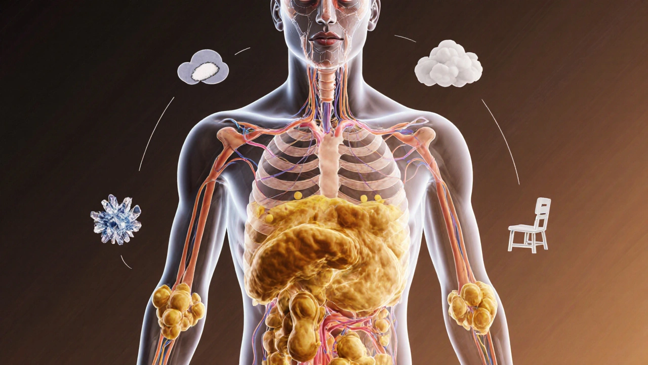 Průhledný lidský trup s ucpaným lymfatickým systémem a ztuhlými uzlinami.