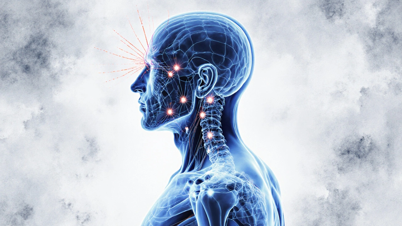 Průhledný náčrt těla s vyznačenými klíčovými body pro léčbu migrény.