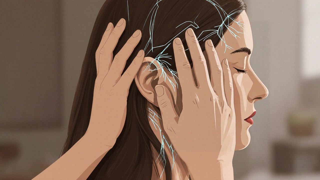 Ruce provádějí myofasciální uvolnění na skalpu a za ušima.