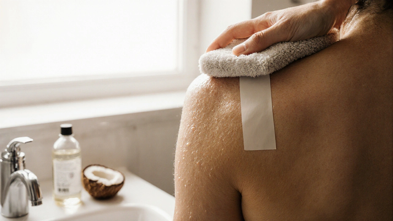 Ruka lehce přitiskne ručník k tejpovému pásu na rameni, neotírá, jen odstraňuje vlhkost.