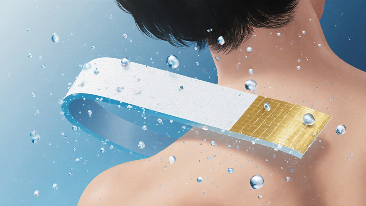 Tejp nad zády odrazuje vodní kapky, symbolizující odolnost vůči vodě a aktivaci teplem těla.