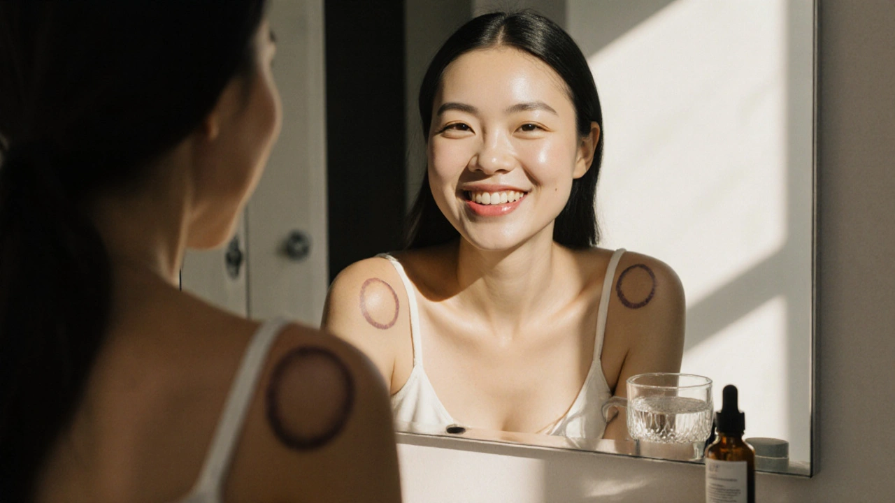 Žena se dívá do zrcadla s ozářenou pokožkou a jemnými stopy po baňkách na rameni.