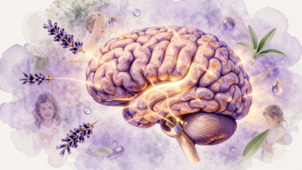 Abstraktní mozek s aktivním limbickým systémem, který svítí fialově a zlatě, propojený s kapkami esenciálních olejů ve vzduchu.