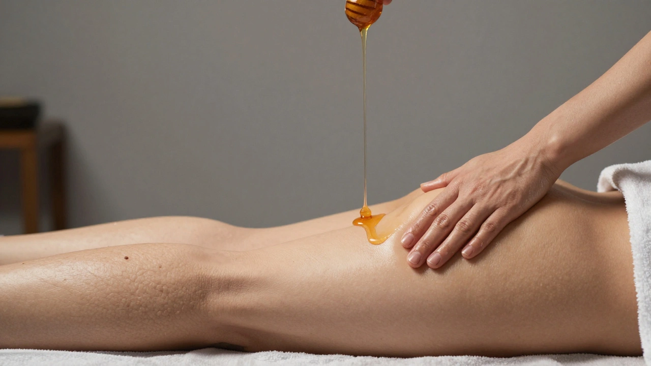 Dvě verze stejné oblasti kůže: drsná před masáží a hladká po masáži s medovým leskem.