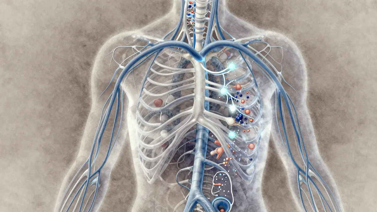 Grafické znázornění lymfatického systému s prouděním tekutiny směrem k uzlinám.