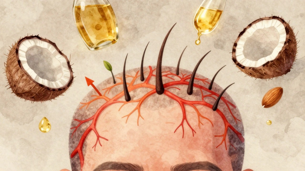 Ilustrace kůže hlavy s aktivovanými krevními cévami a nově rostoucími vlasovými folikuly.