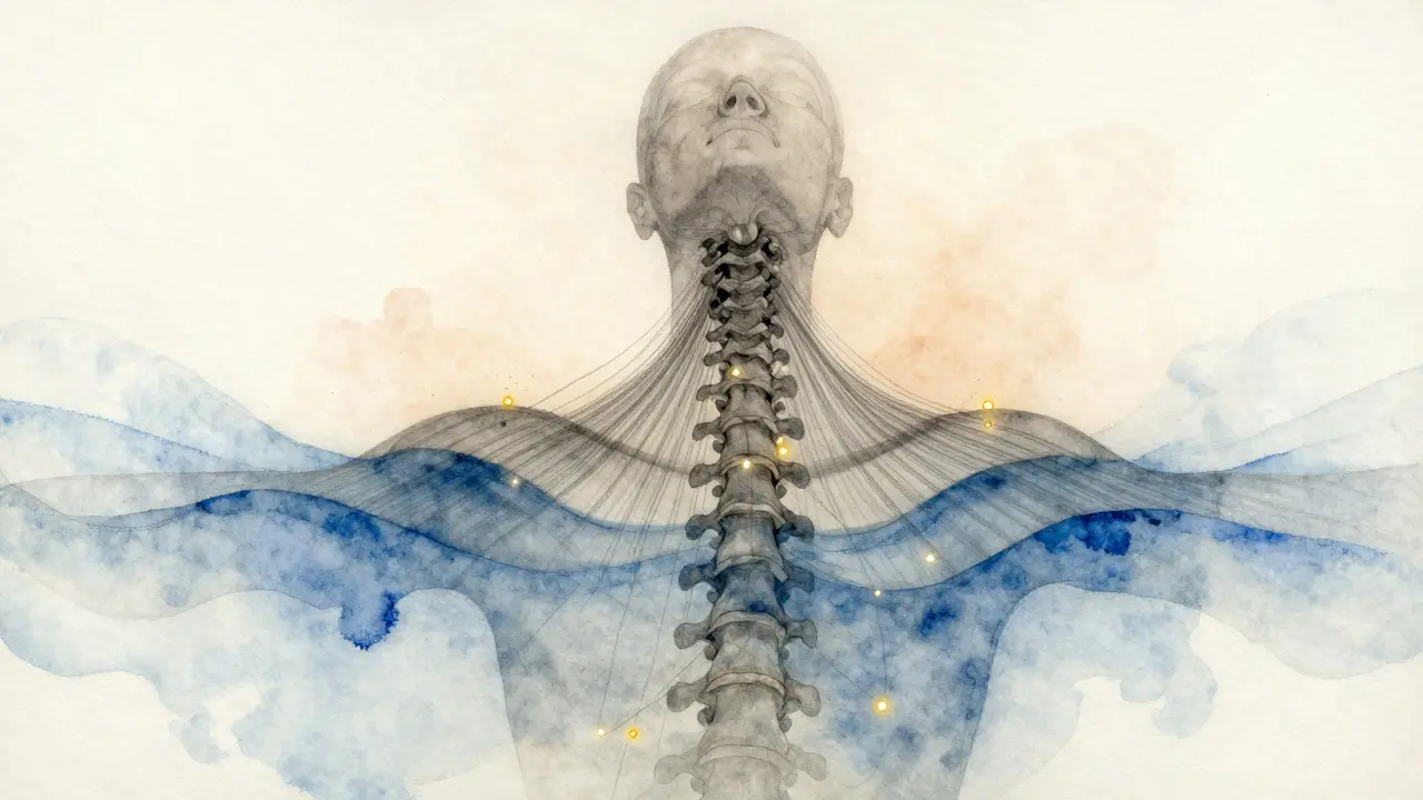 Koncepční obraz páteře jako mostu mezi hlavou a tělem s uvolňujícími vlnami.