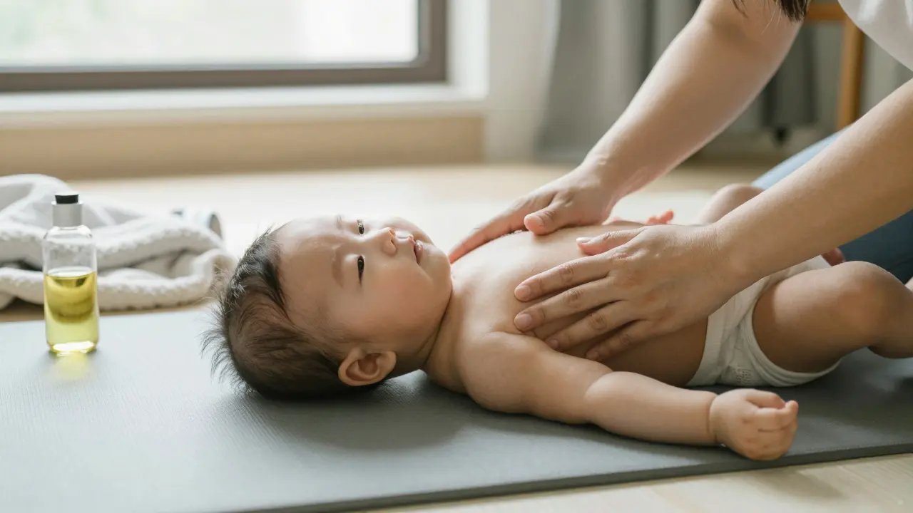 Matka masíruje záda kojence na podlaze při slunečním světle.