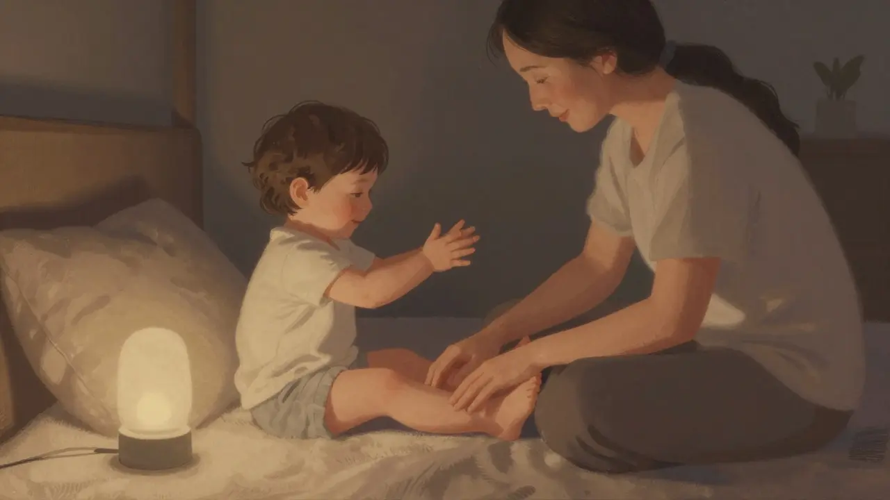 Rodič masíruje nožky batolata před spaním v pohodlném prostředí.