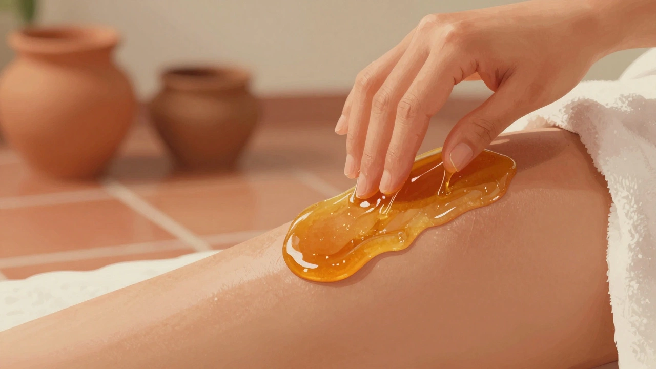 Ruce aplikující med na kůži na bocích, med táhne mezi kůží a prsty.