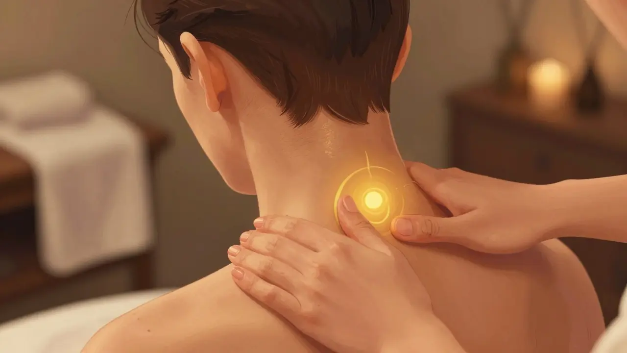 Ruce jemně masírují krční páteř teplým olejem ve věčerní atmosféře.