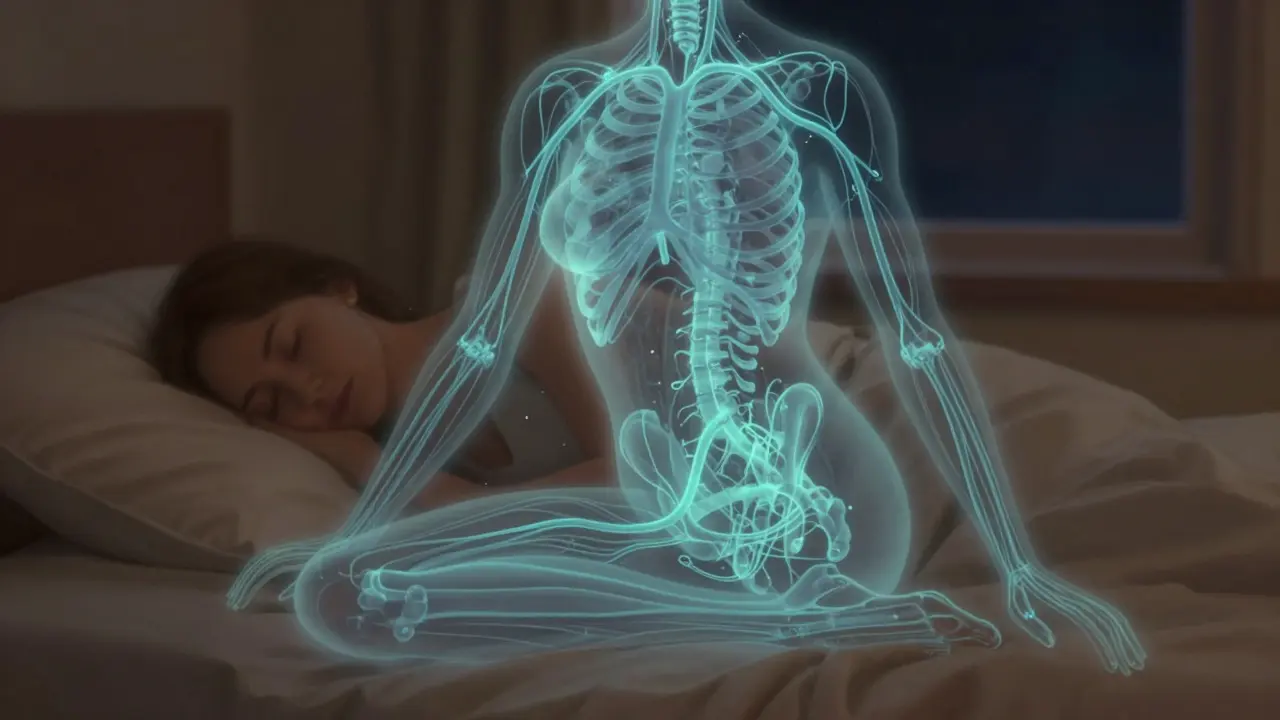 Schematické znázornění toku lymfy od končetin k jádru těla během spánku.