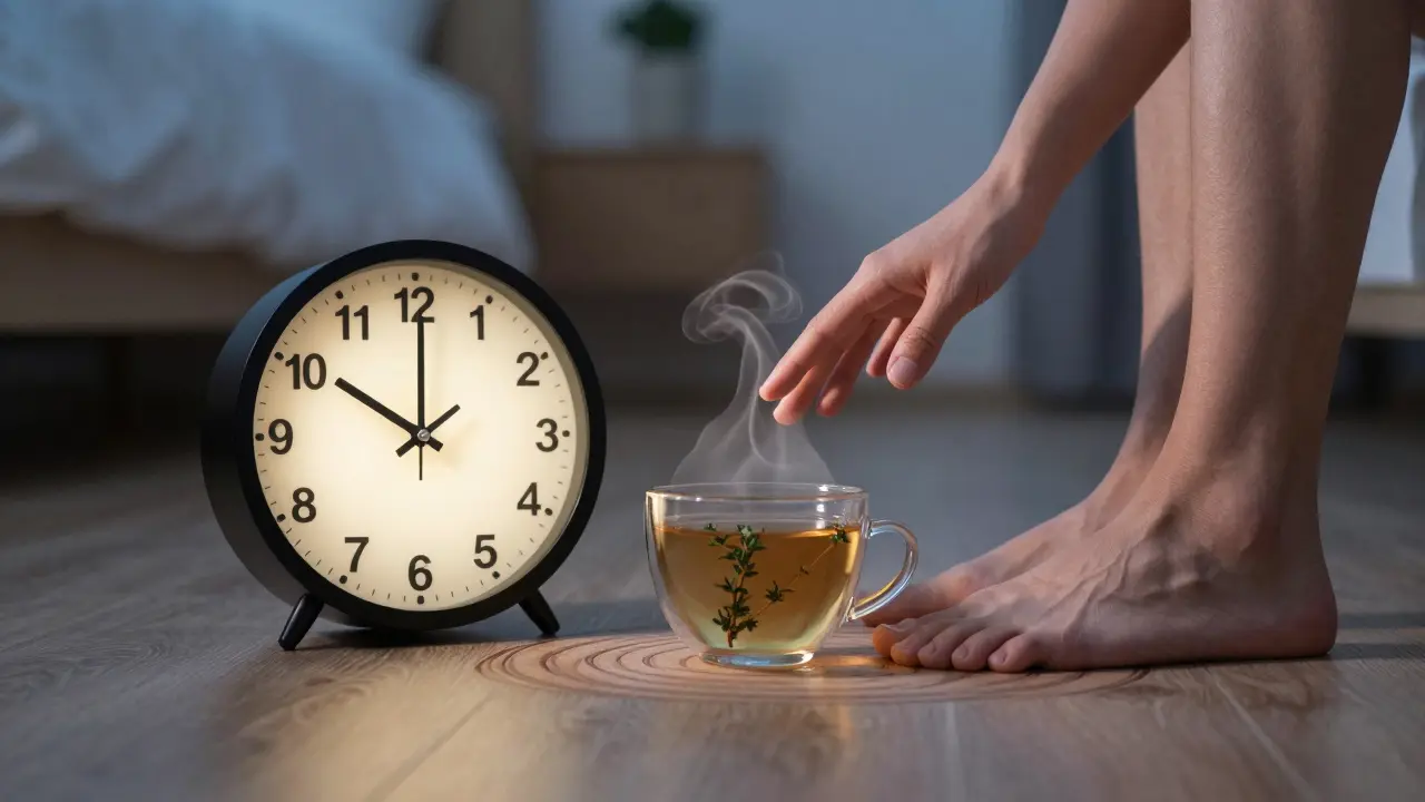 Večerní rituál před spaním: masáž břicha a teplý čaj jako příprava na hluboký spánek.