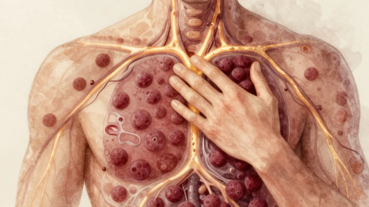 Abstraktní znázornění aktivace imunitních buněk a lymfatického toku během ájurvédské masáže.