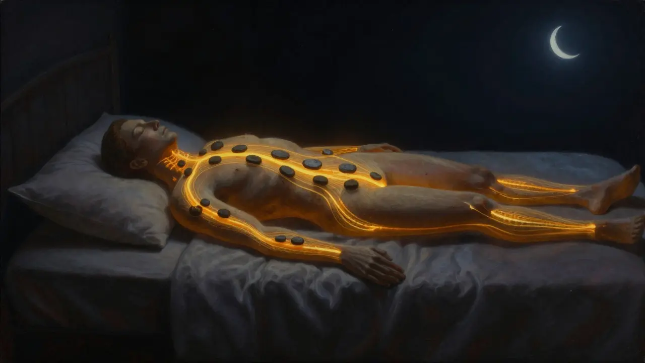 Konečný efekt masáže: teplo z kamenů se šíří tělem a podporuje hluboký spánek.