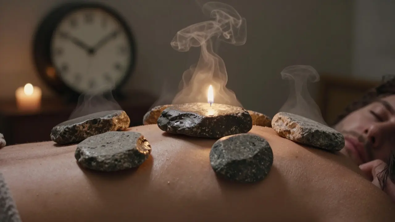 Lávové kameny na zádech s jemným parou a odraženým pohledem usnulého člověka.