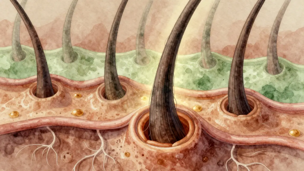 Mikroskopický pohled na zdravý vlasový folikul s silnějšími vlákny a krevními cévami dodávajícími živiny.