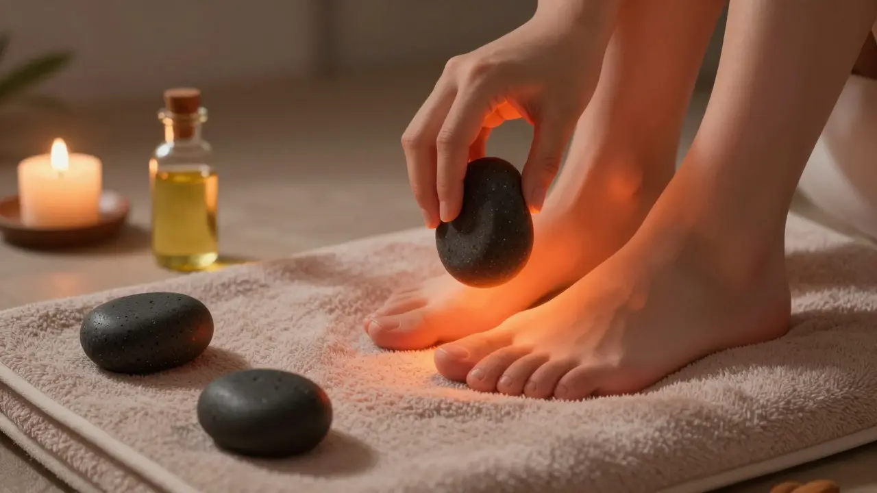 Ruka klade ohřátý kámen na chodidla s jemným zářením tepla.