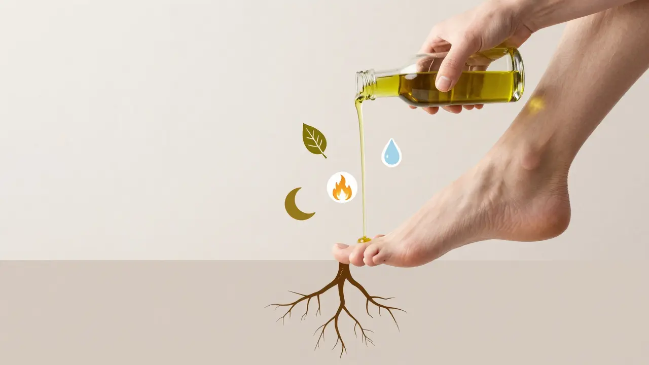 Ruka nalévá olivový olej na nohu, která se koření do země jako strom, symbolizující obnovu imunity.