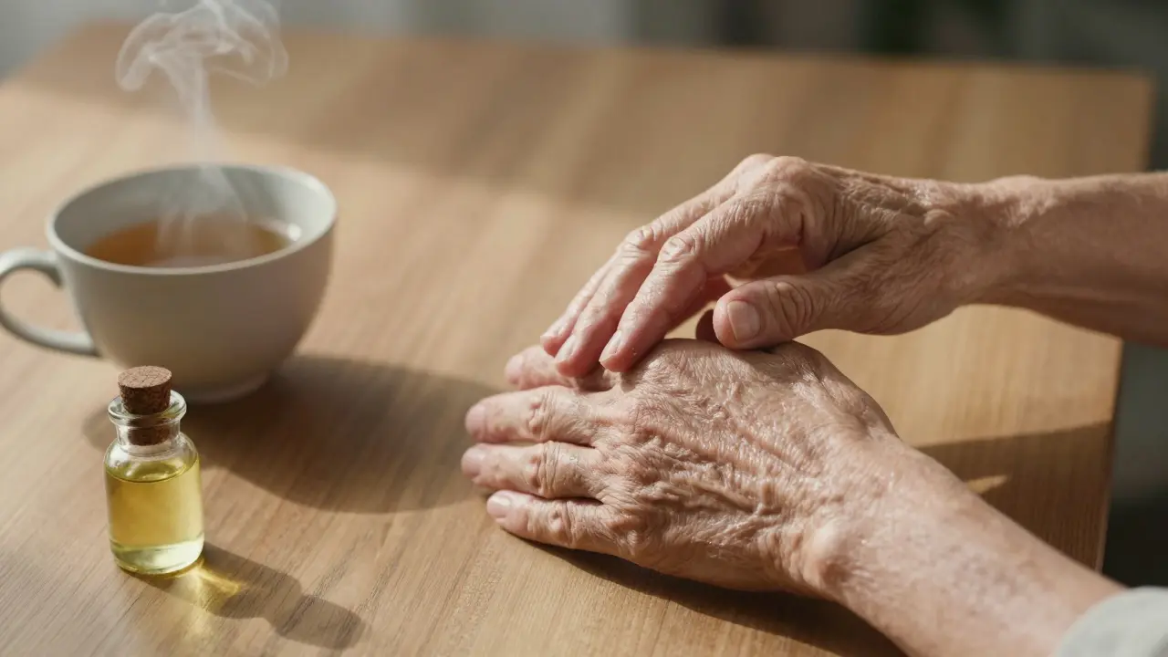 Starší ruce provádějí jemnou masáž vlastních kloubů doma.