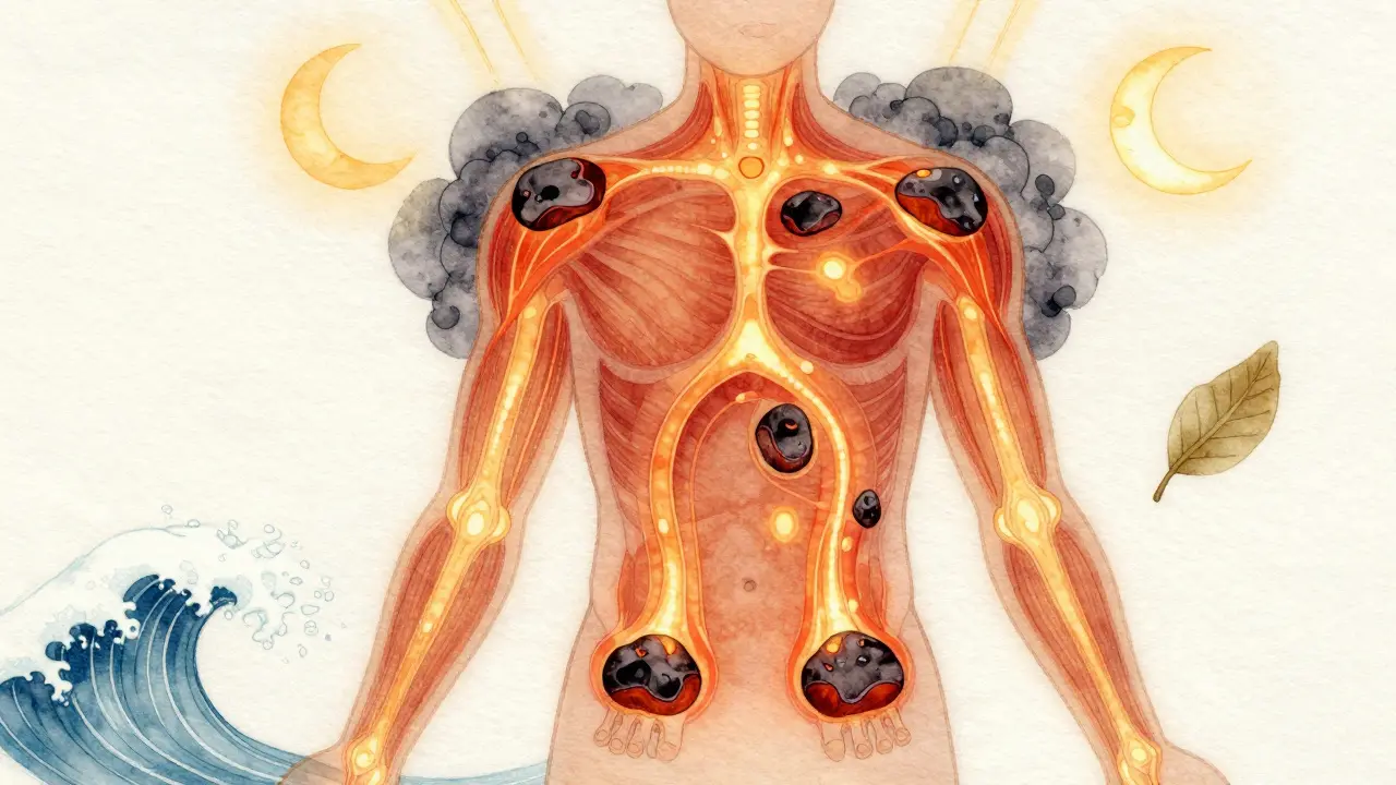 Teplo z lávových kamenů proudí po těle, mění napětí v klid.