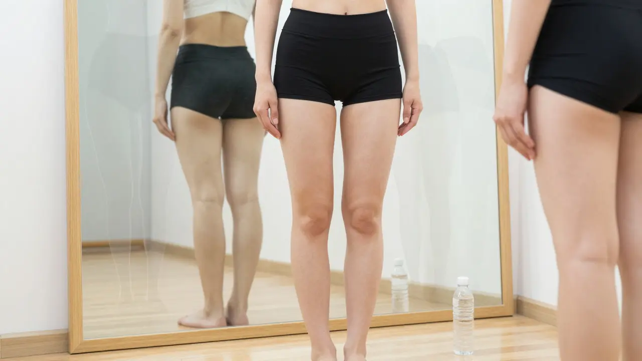 Žena se dívá do zrcadla a vidí zjemnění kůže na stehnech, symbolizující postupnou změnu po sérii masáží.