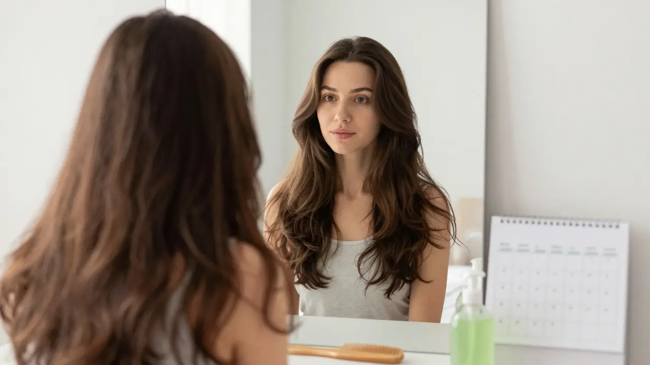 Žena se dívá do zrcadla, její vlasy vypadají hustěji a zdravěji po třech měsících přirozené péče.