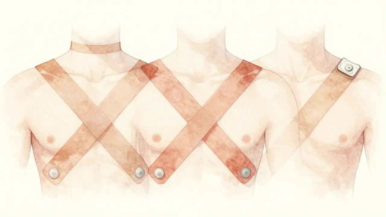 Diagram čtyř kroků aplikace tejpů ve tvaru X na klíční kosti a ramenním kloubu.