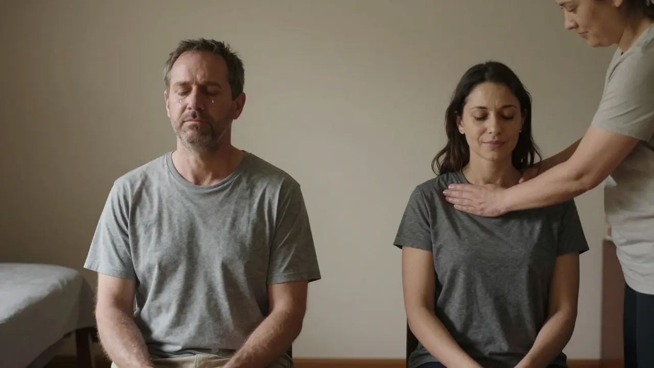 Muž a žena každý ve své vlastní místnosti dostávají tantrickou masáž, odděleně a soustředěně.