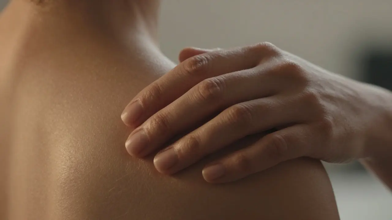 Ruka klidně leží na rameni, zachycuje okamžik uvolnění svalů bez slov.