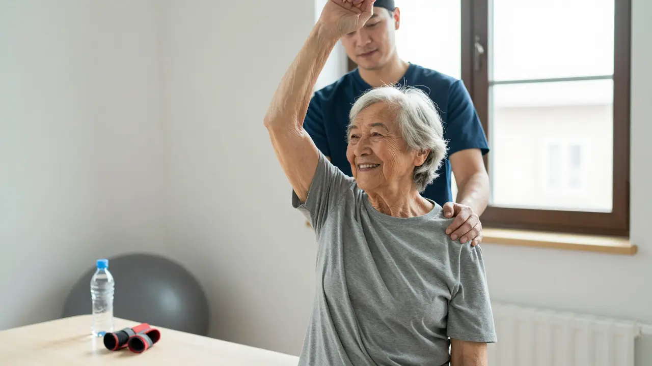 Starší pacient s radostným výrazem zvedá ruku nad hlavu, terapeut ho jemně podporuje.