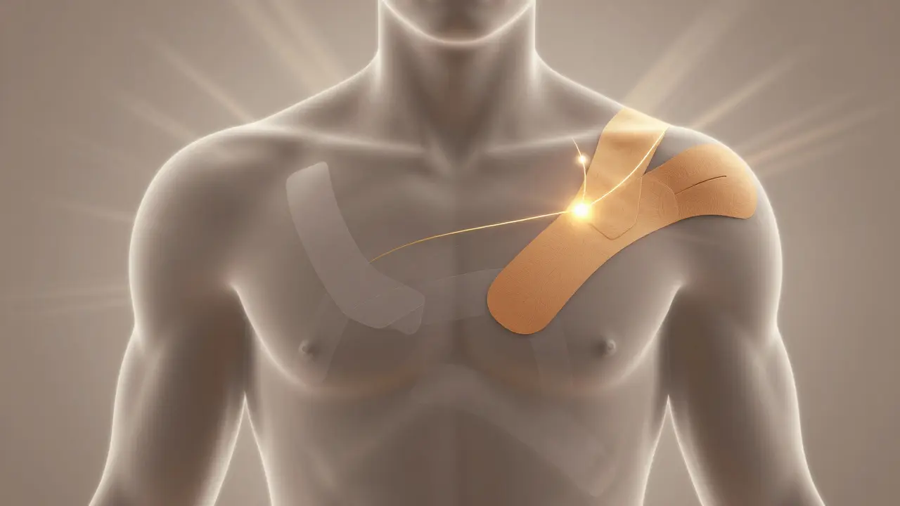 Umělecké znázornění podpory klíční kosti zlatým světlem mezi hrudní kostí a lopatkou.