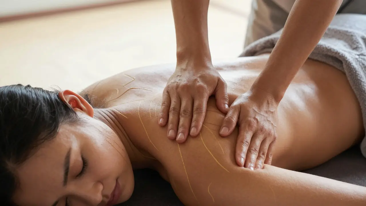 Close-up of hands applying pressure during Thai massage, with subtle energy lines visible.