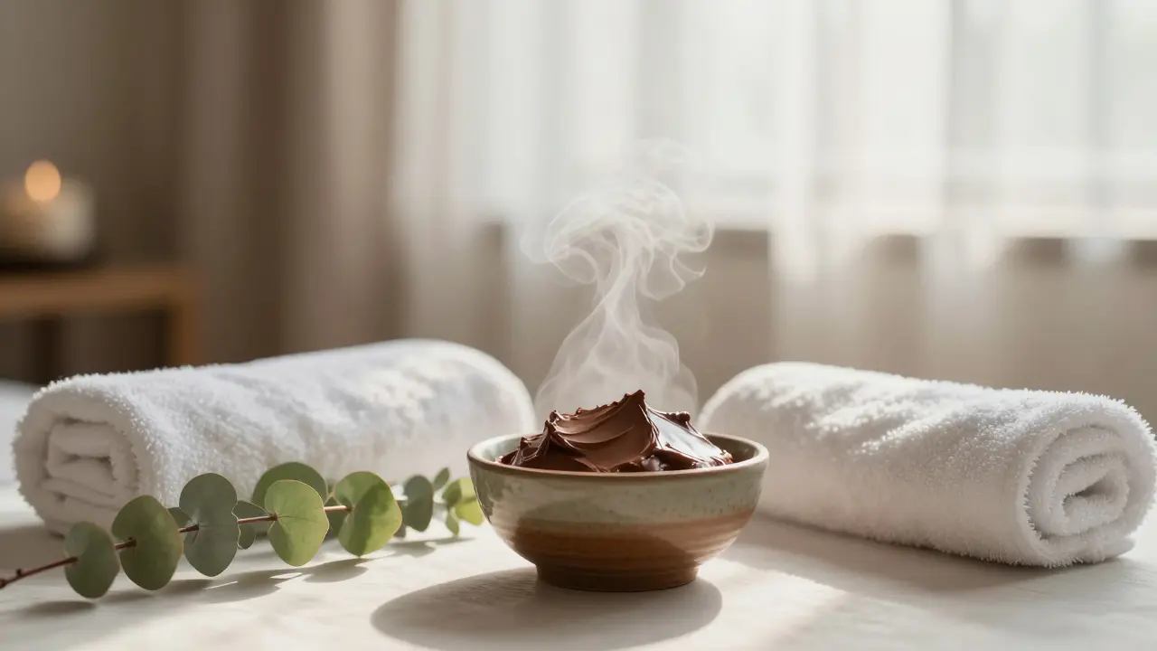 Koupelna se horkou čokoládou a ručníky v klidném prostředí