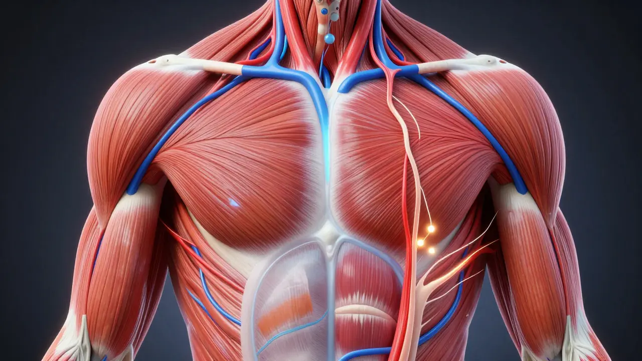Křížový řez svalové tkáně s proudy krve a lymfy pod negativním tlakem, znázorňující regeneraci těla.