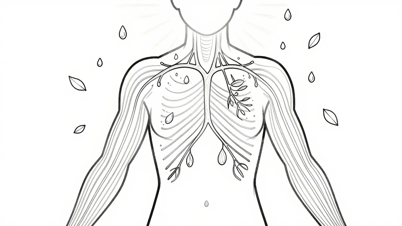 Minimální černobílá kresba těla s vlnitými čarami symbolizujícími odtok lymfy a detoxikaci.