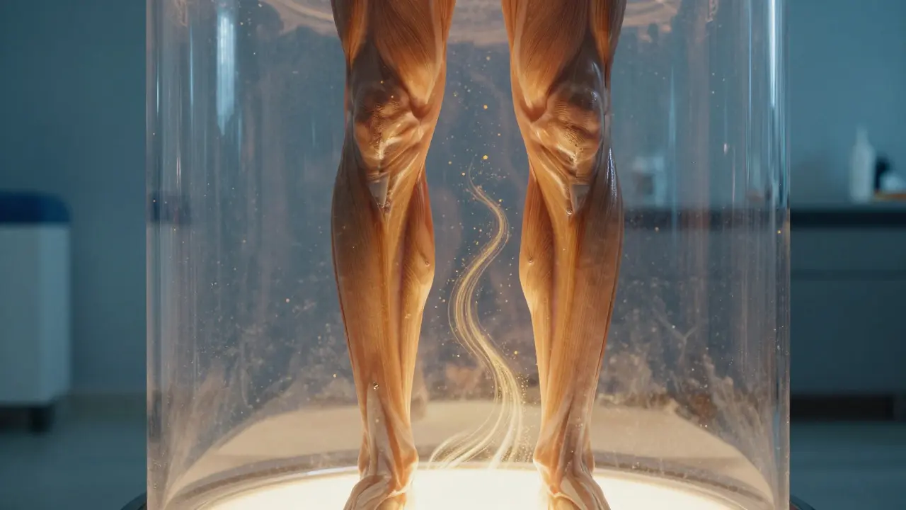 Nohy uvnitř vakuové komory, zlaté částice odvádějí toxiny, krevní oběh se zvyšuje, obnova svalů.