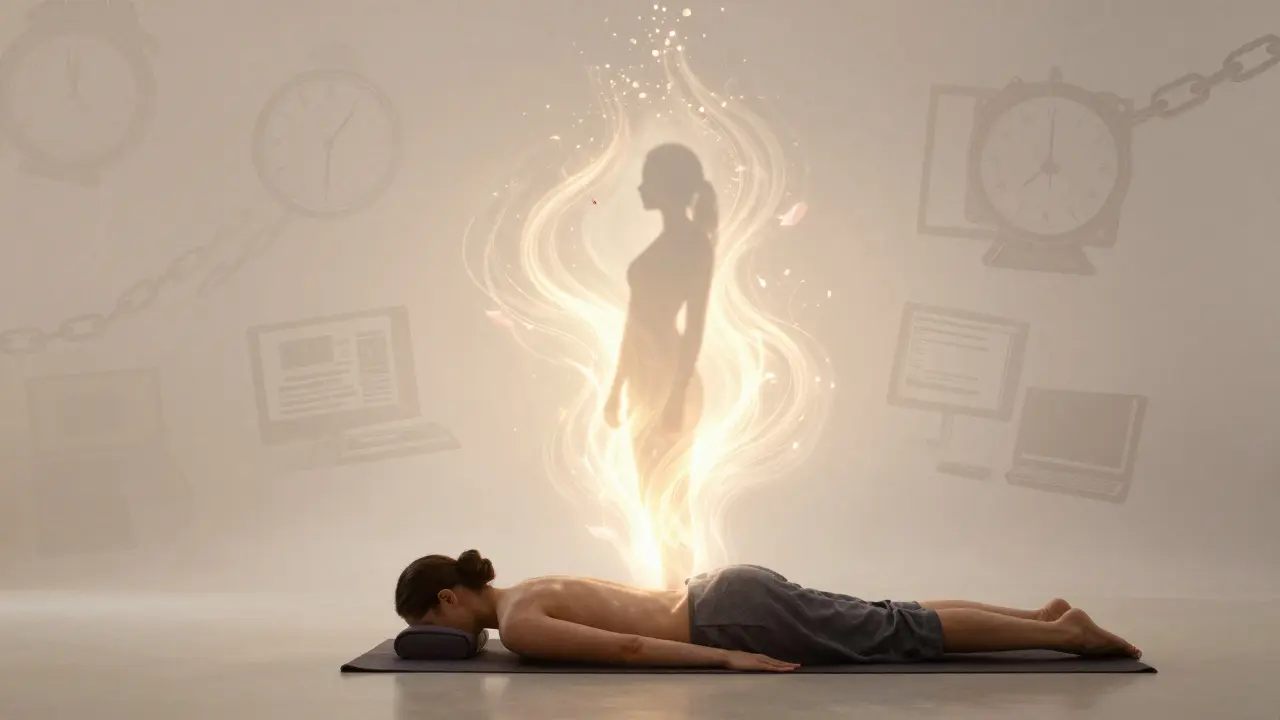 Person rising peacefully after massage, surrounded by dissolving stress and glowing energy.