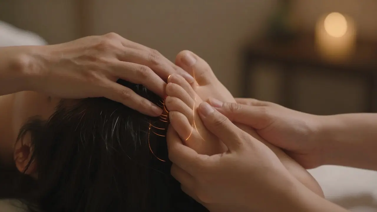 Ruce terapeuta masírují špičku hlavy a chodidlo mezi prsty při tradiční čínské terapii.