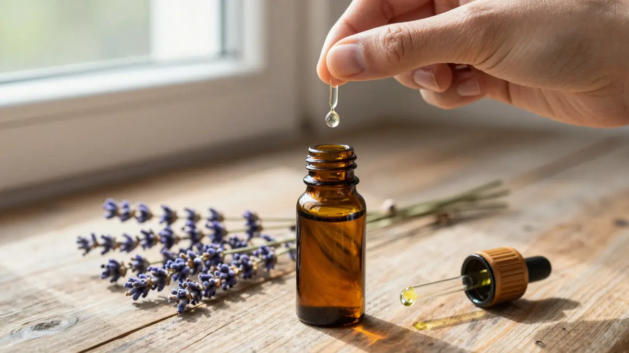 Ruka míchá kapky esenciálního oleje s nosičovým olejem v tmavé skleněné lahvičce na dřevěném stole.