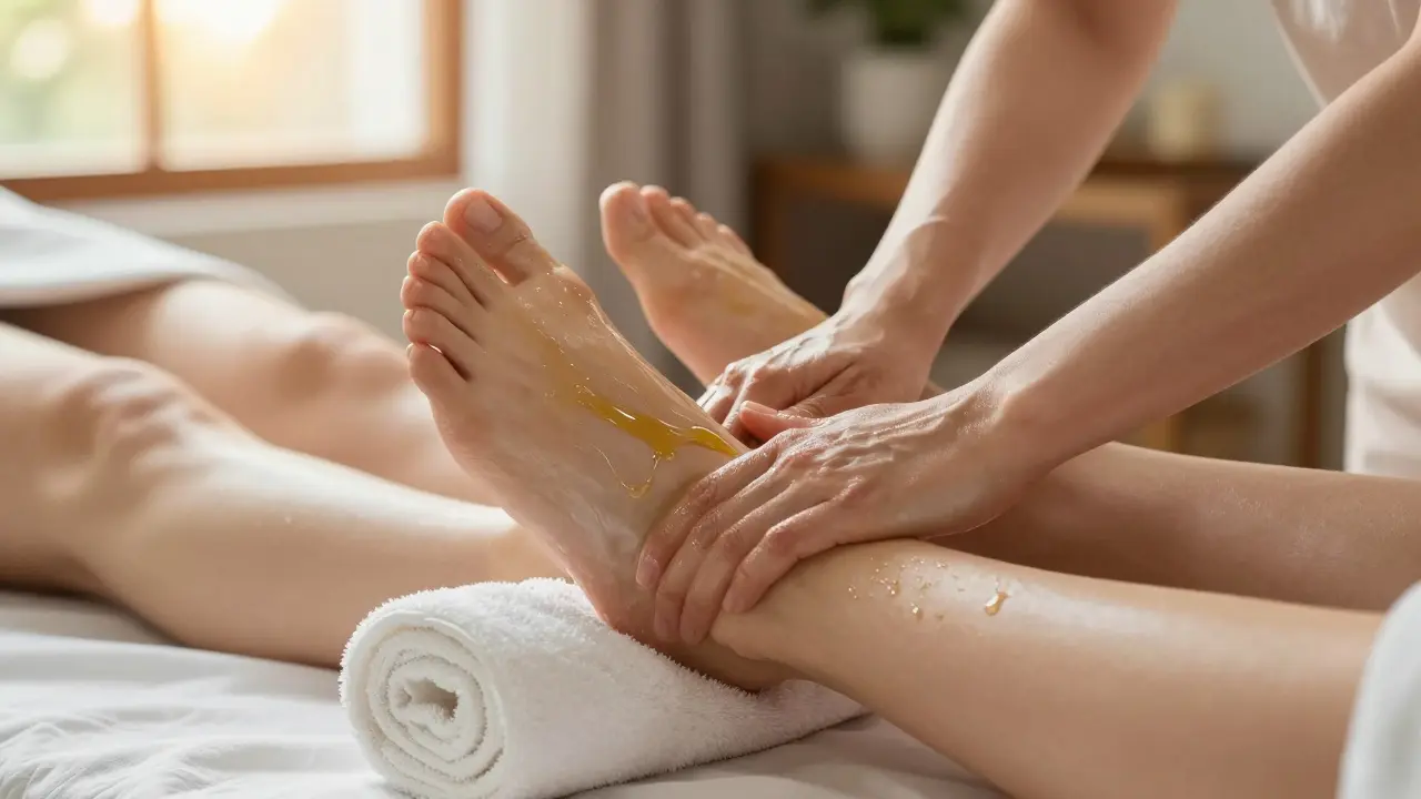 Těhotná žena má nohy masírovány jemnými pohyby směrem k srdci.