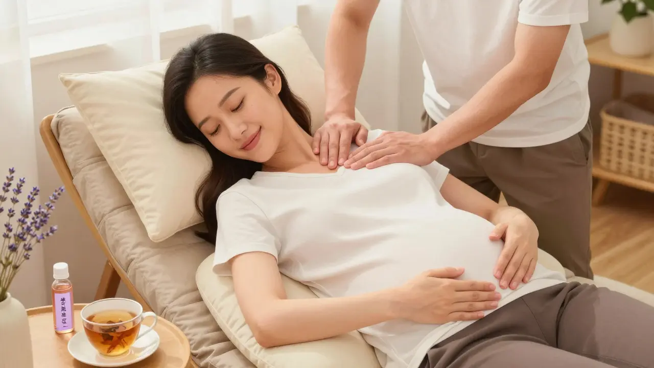 Těhotná žena si nechává masírovat ramena a krk od svého partnera doma.