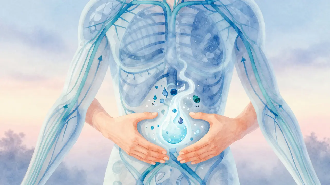 Umělecká ilustrace lidského těla s průtokem lymfy modrými cestami od končetin k tělu.